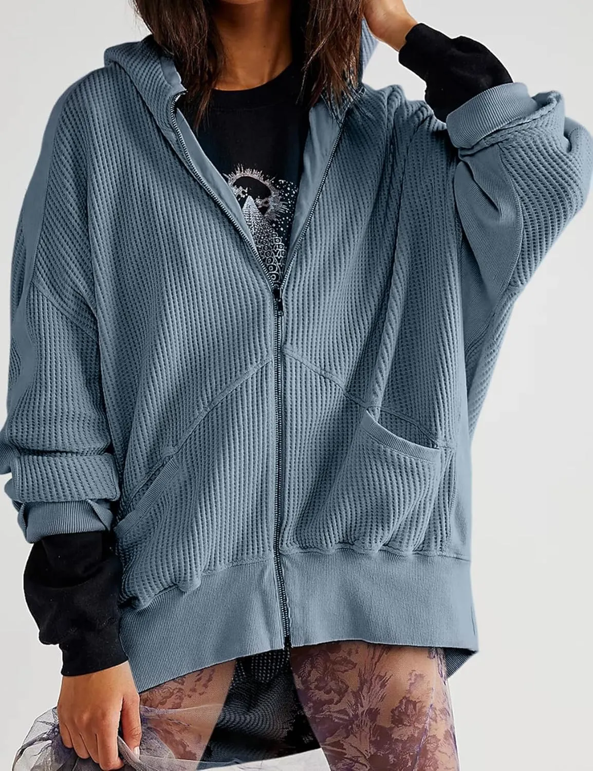 PEHMEA Women's Oversized Zip Up Hoodies Waffle Knit Jacket Fashion Loose Outerwear Shacket with Pockets