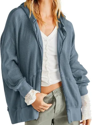 PEHMEA Women's Oversized Zip Up Hoodies Waffle Knit Jacket Fashion Loose Outerwear Shacket with Pockets