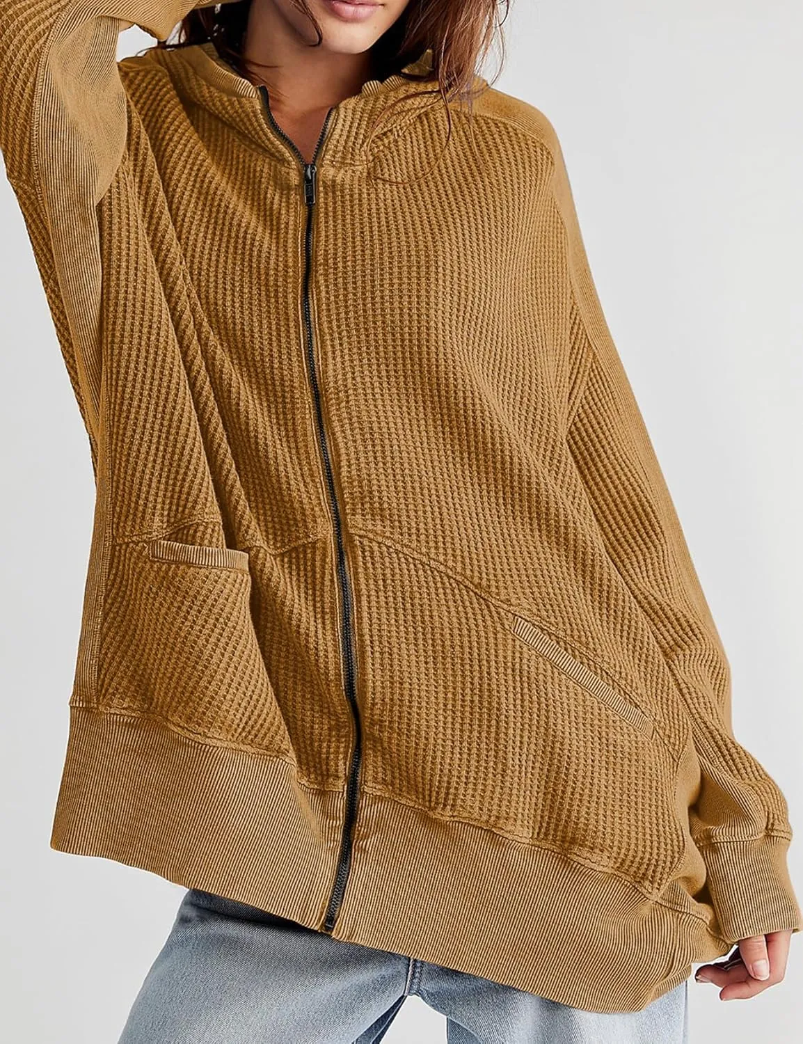PEHMEA Women's Oversized Zip Up Hoodies Waffle Knit Jacket Fashion Loose Outerwear Shacket with Pockets