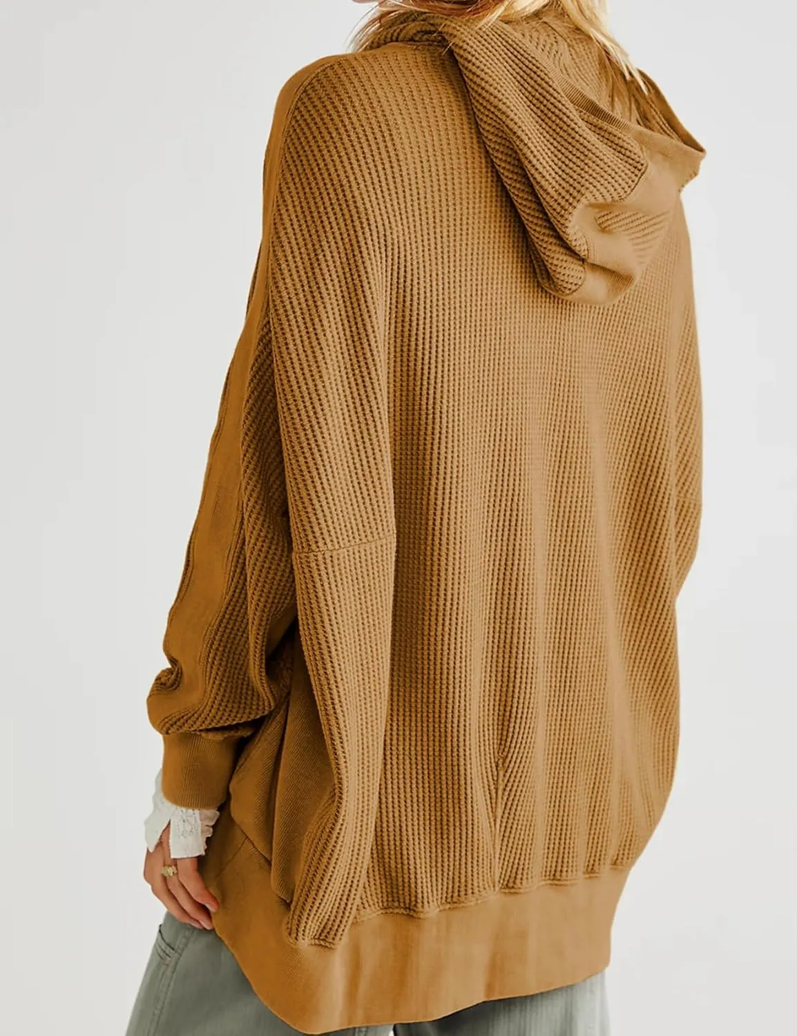 PEHMEA Women's Oversized Zip Up Hoodies Waffle Knit Jacket Fashion Loose Outerwear Shacket with Pockets