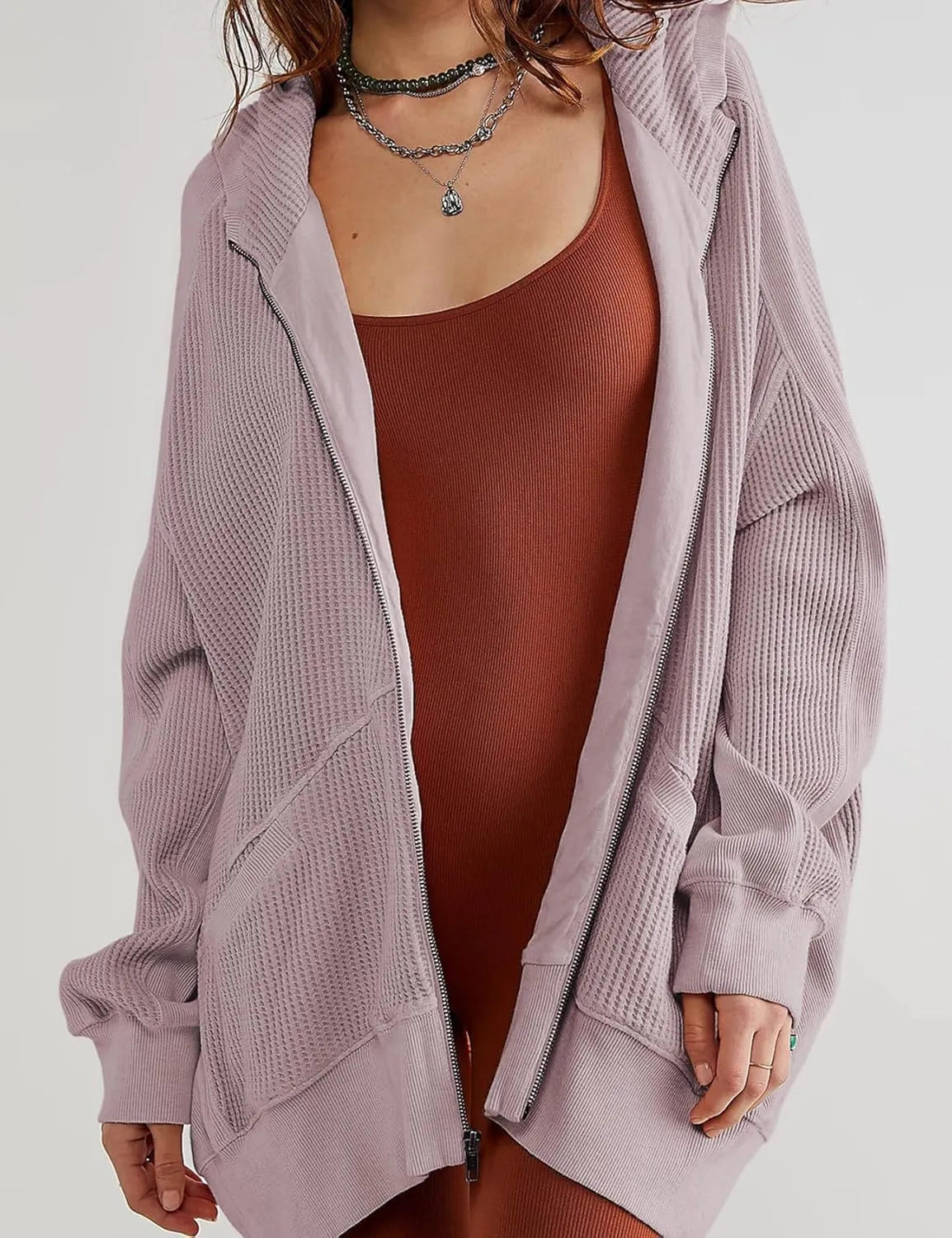 PEHMEA Women's Oversized Zip Up Hoodies Waffle Knit Jacket Fashion Loose Outerwear Shacket with Pockets