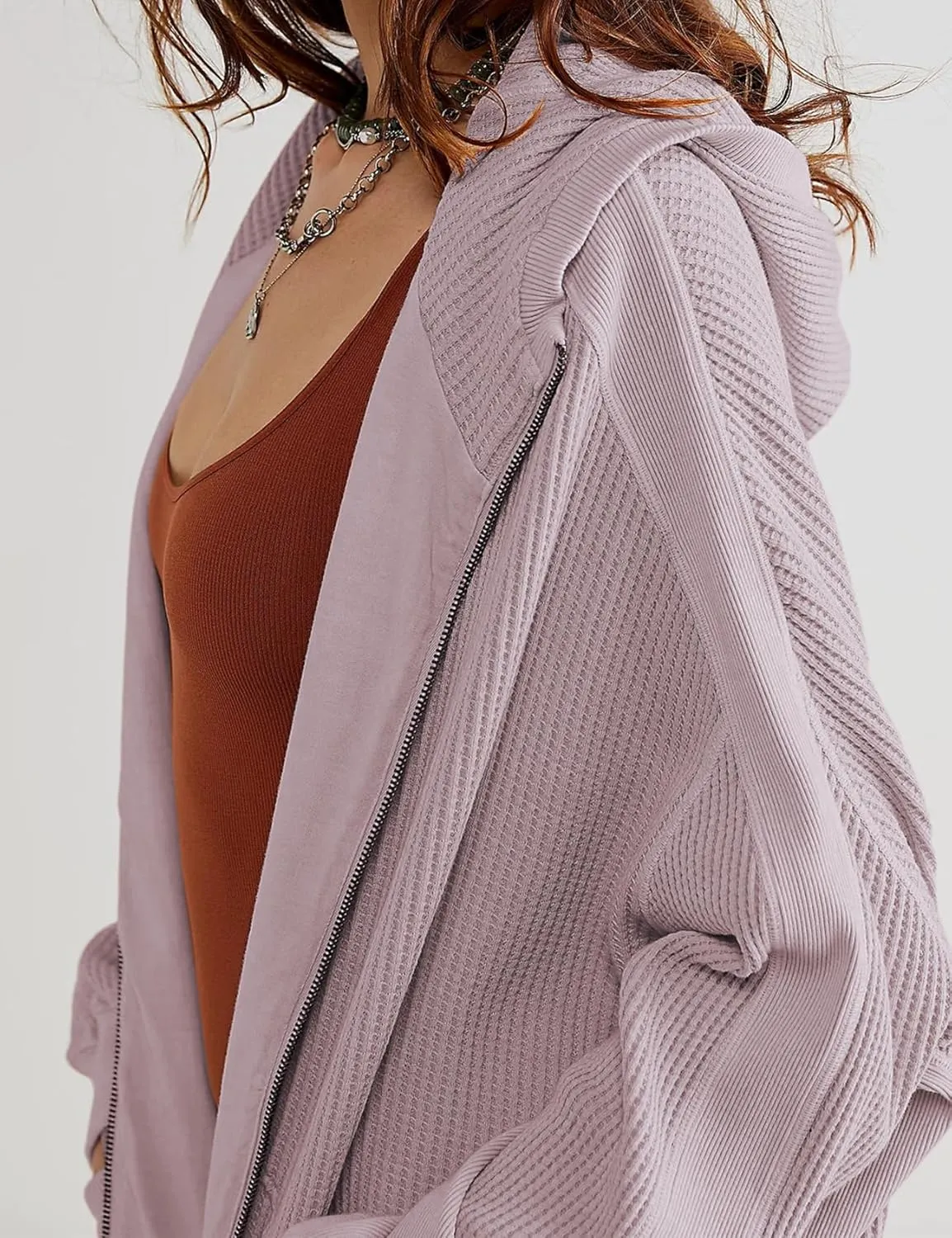 PEHMEA Women's Oversized Zip Up Hoodies Waffle Knit Jacket Fashion Loose Outerwear Shacket with Pockets