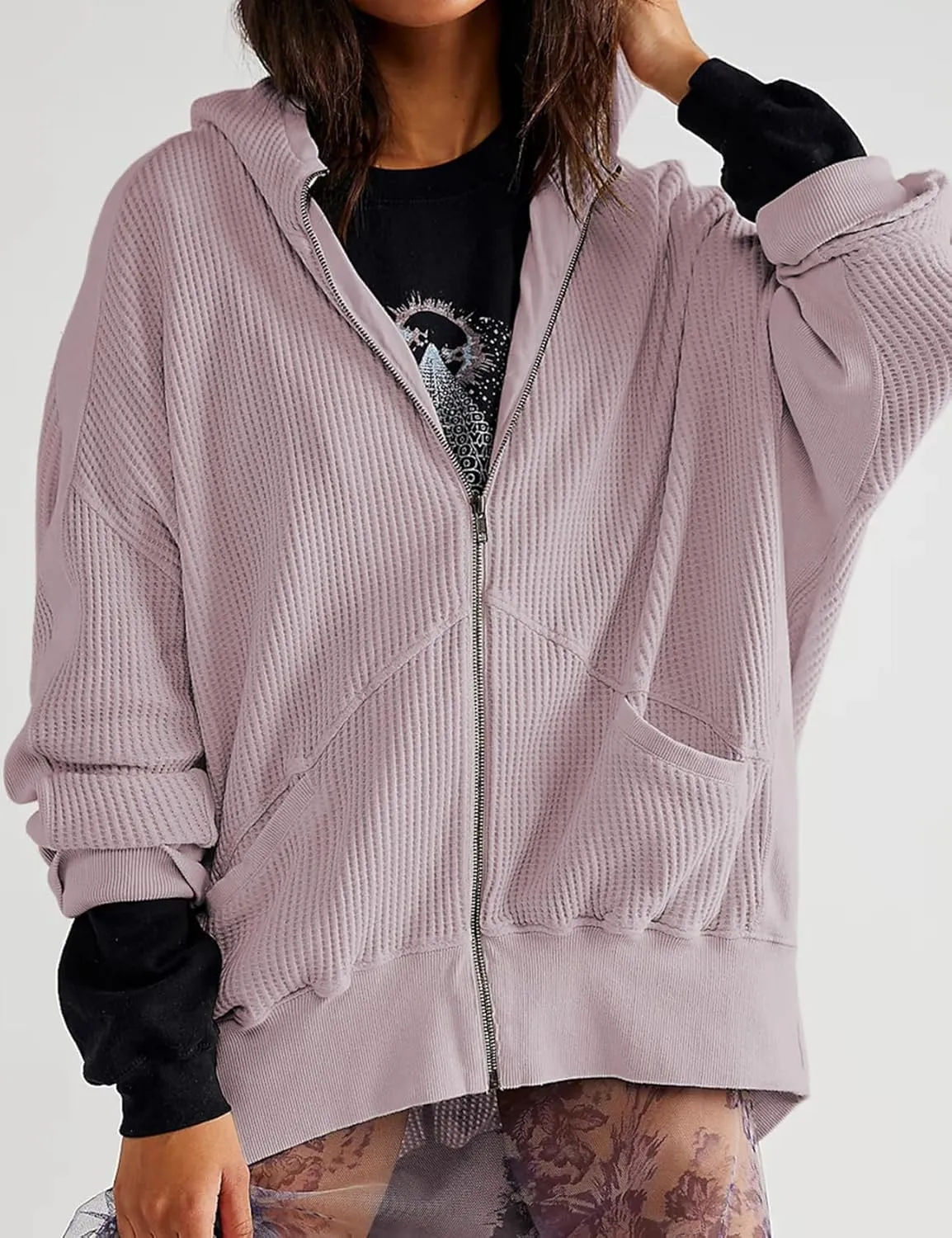 PEHMEA Women's Oversized Zip Up Hoodies Waffle Knit Jacket Fashion Loose Outerwear Shacket with Pockets