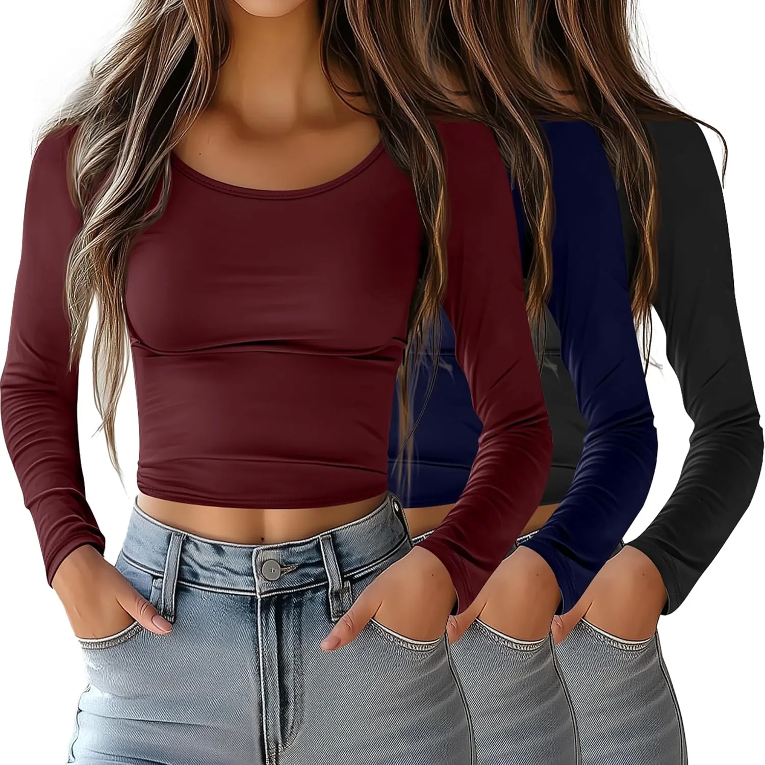 Riyiper 3 Pack Long Sleeve Crop Tops for Women Basic Shirt Slim Fit Layer Undershirts Fall Spring Going Out Tops