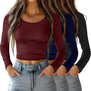 Riyiper 3 Pack Long Sleeve Crop Tops for Women Basic Shirt Slim Fit Layer Undershirts Fall Spring Going Out Tops