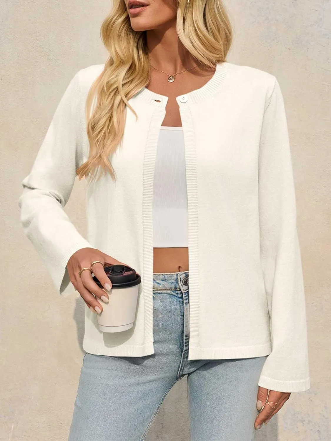 Saodimallsu Womens Lightweight Cardigans Open Front Long Sleeve One Button Casual Crewneck Loose Knit Shrug Sweater