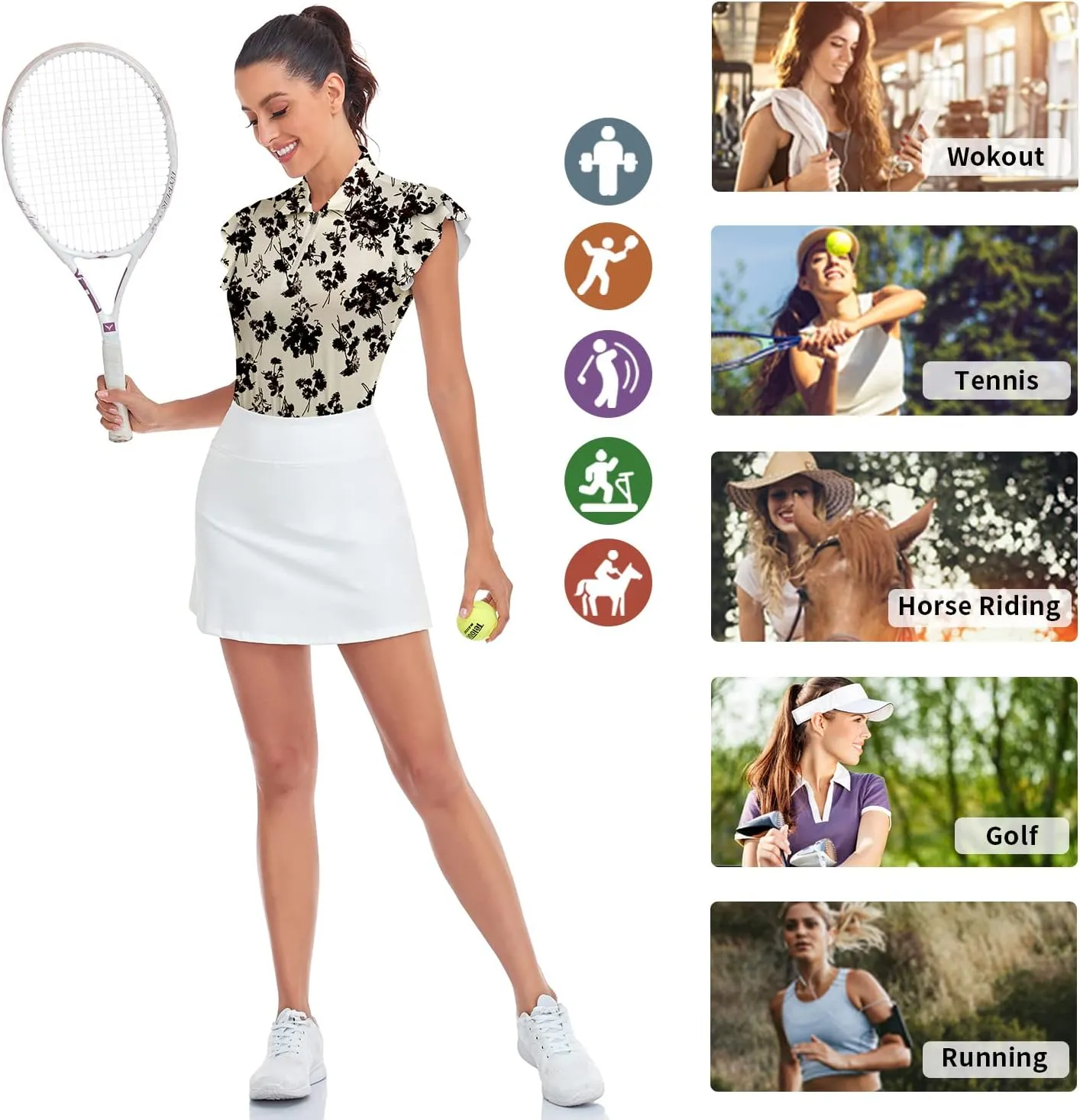 Soneven Womens Petal Sleeve Golf Shirts Moisture Wicking Lady Golf Apparel Print Tennis Sport T Shirt
