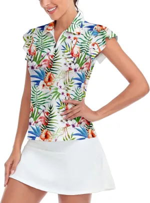 Soneven Womens Petal Sleeve Golf Shirts Moisture Wicking Lady Golf Apparel Print Tennis Sport T Shirt