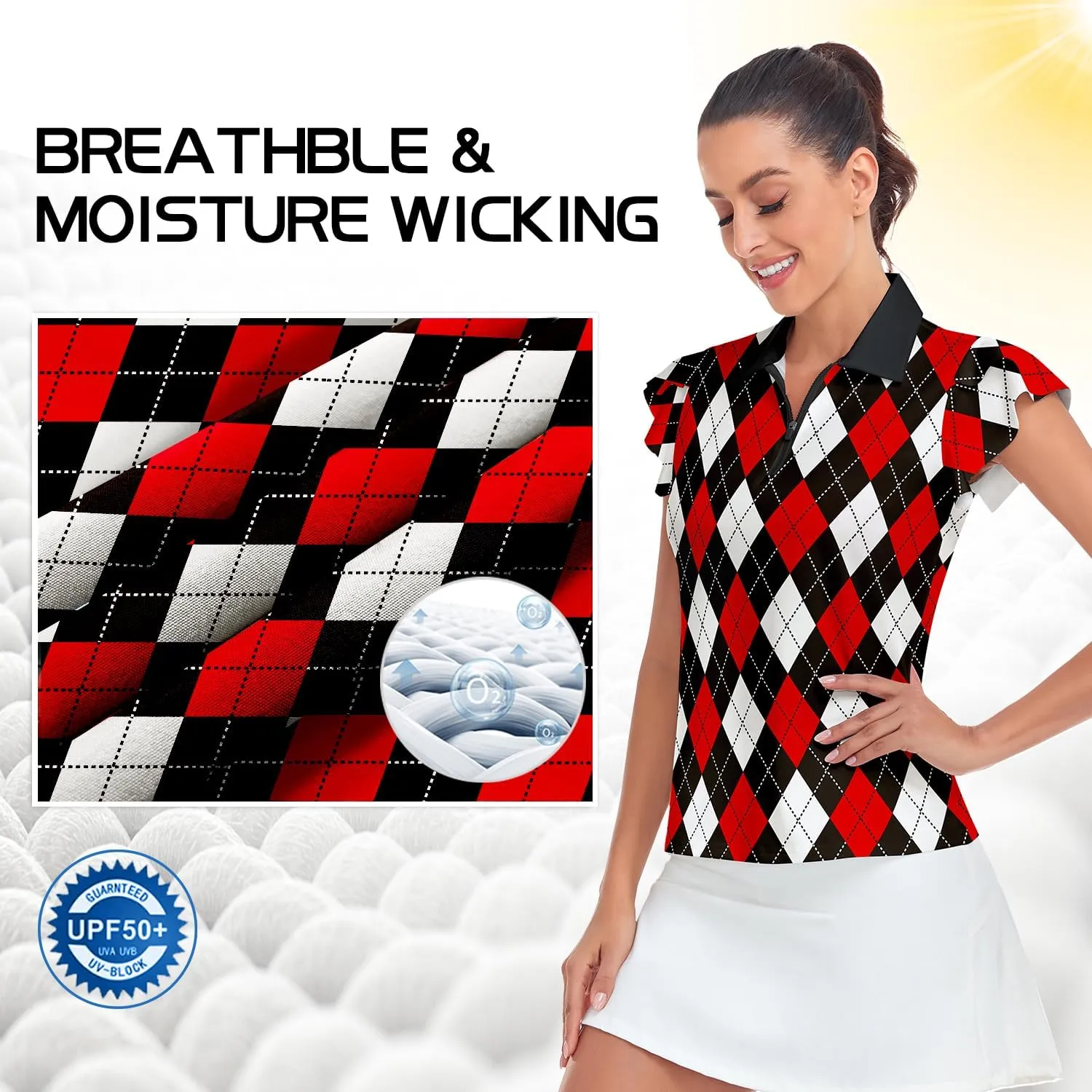 Soneven Womens Petal Sleeve Golf Shirts Moisture Wicking Lady Golf Apparel Print Tennis Sport T Shirt