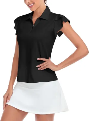 Soneven Womens Petal Sleeve Golf Shirts Moisture Wicking Lady Golf Apparel Print Tennis Sport T Shirt