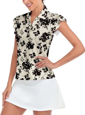 Soneven Womens Petal Sleeve Golf Shirts Moisture Wicking Lady Golf Apparel Print Tennis Sport T Shirt