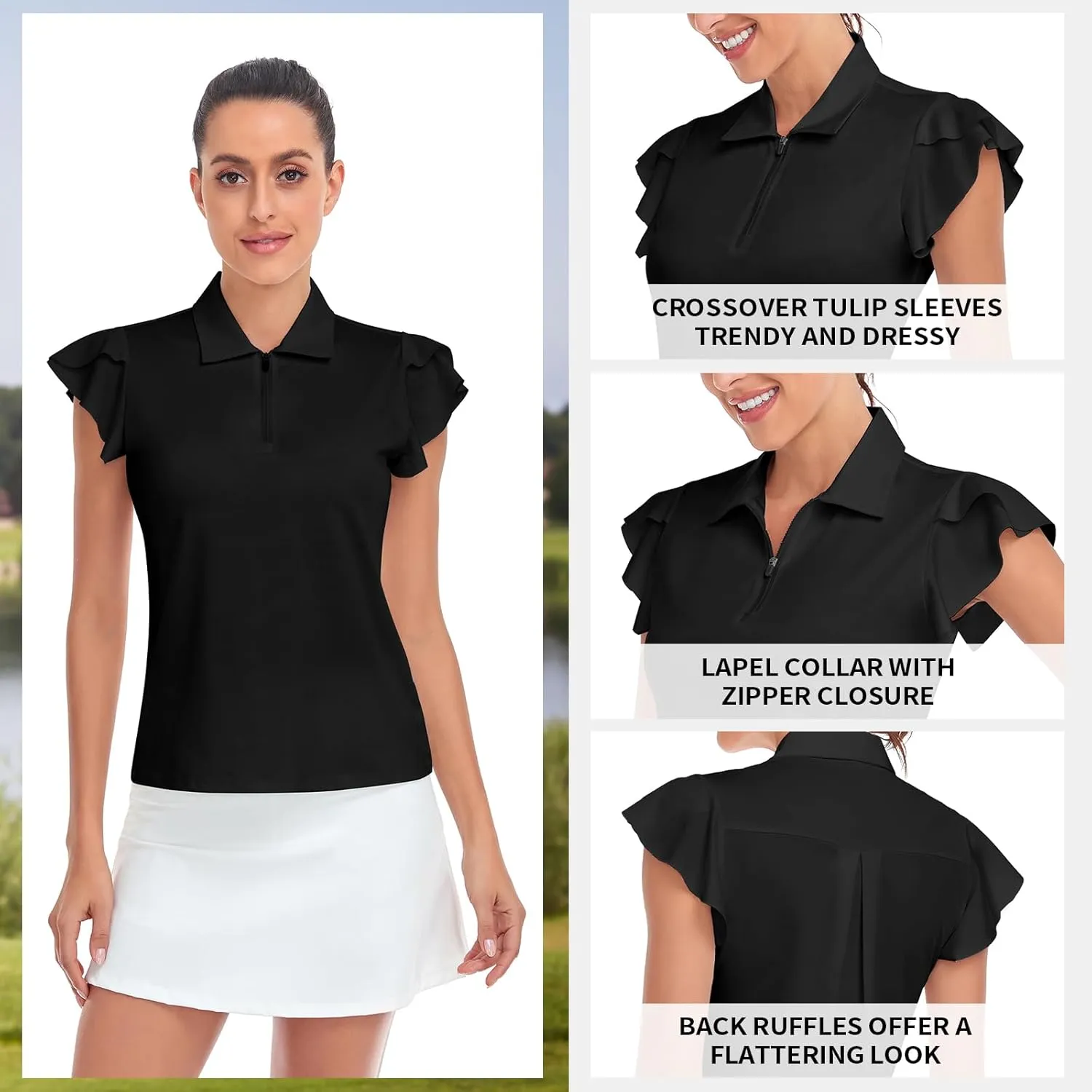 Soneven Womens Petal Sleeve Golf Shirts Moisture Wicking Lady Golf Apparel Print Tennis Sport T Shirt