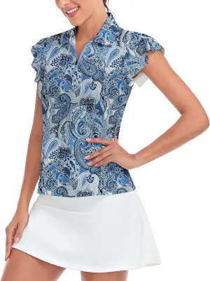 Soneven Womens Petal Sleeve Golf Shirts Moisture Wicking Lady Golf Apparel Print Tennis Sport T Shirt