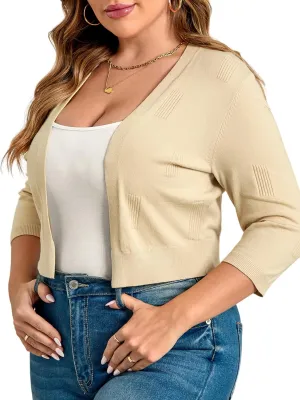 TAKEYAL Womens Plus Size Shrug 3/4 Sleeve Lightweight Open Front Knit Cropped Cardigan Sweater XL-5XL