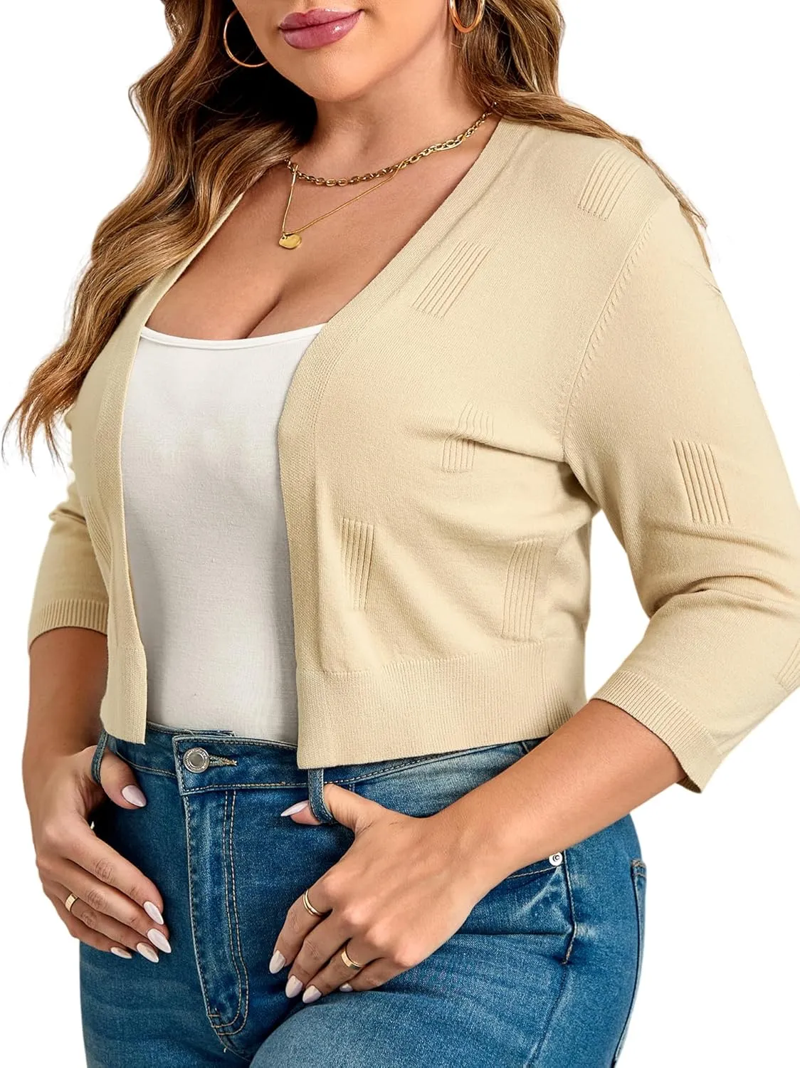 TAKEYAL Womens Plus Size Shrug 3/4 Sleeve Lightweight Open Front Knit Cropped Cardigan Sweater XL-5XL