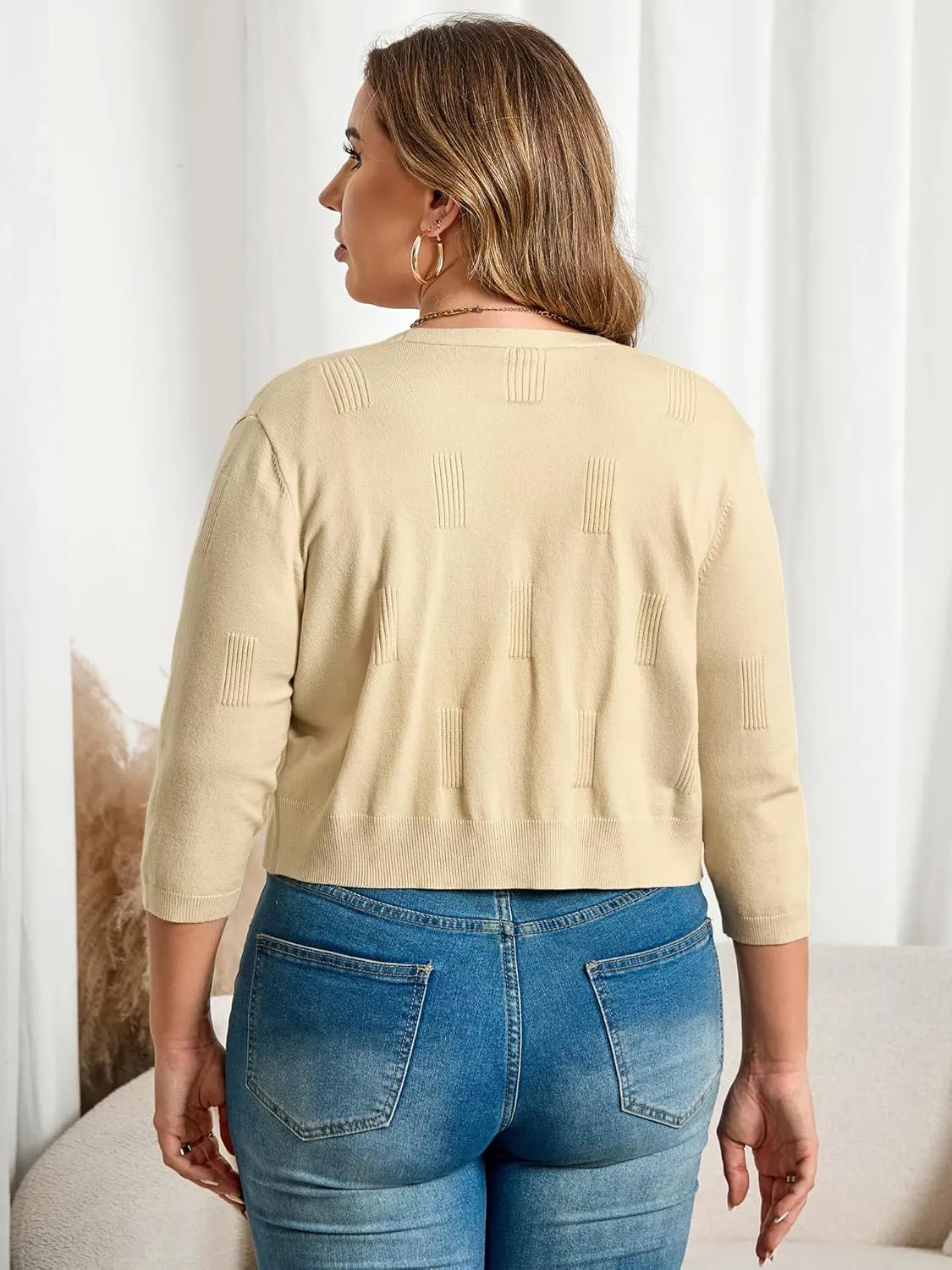 TAKEYAL Womens Plus Size Shrug 3/4 Sleeve Lightweight Open Front Knit Cropped Cardigan Sweater XL-5XL