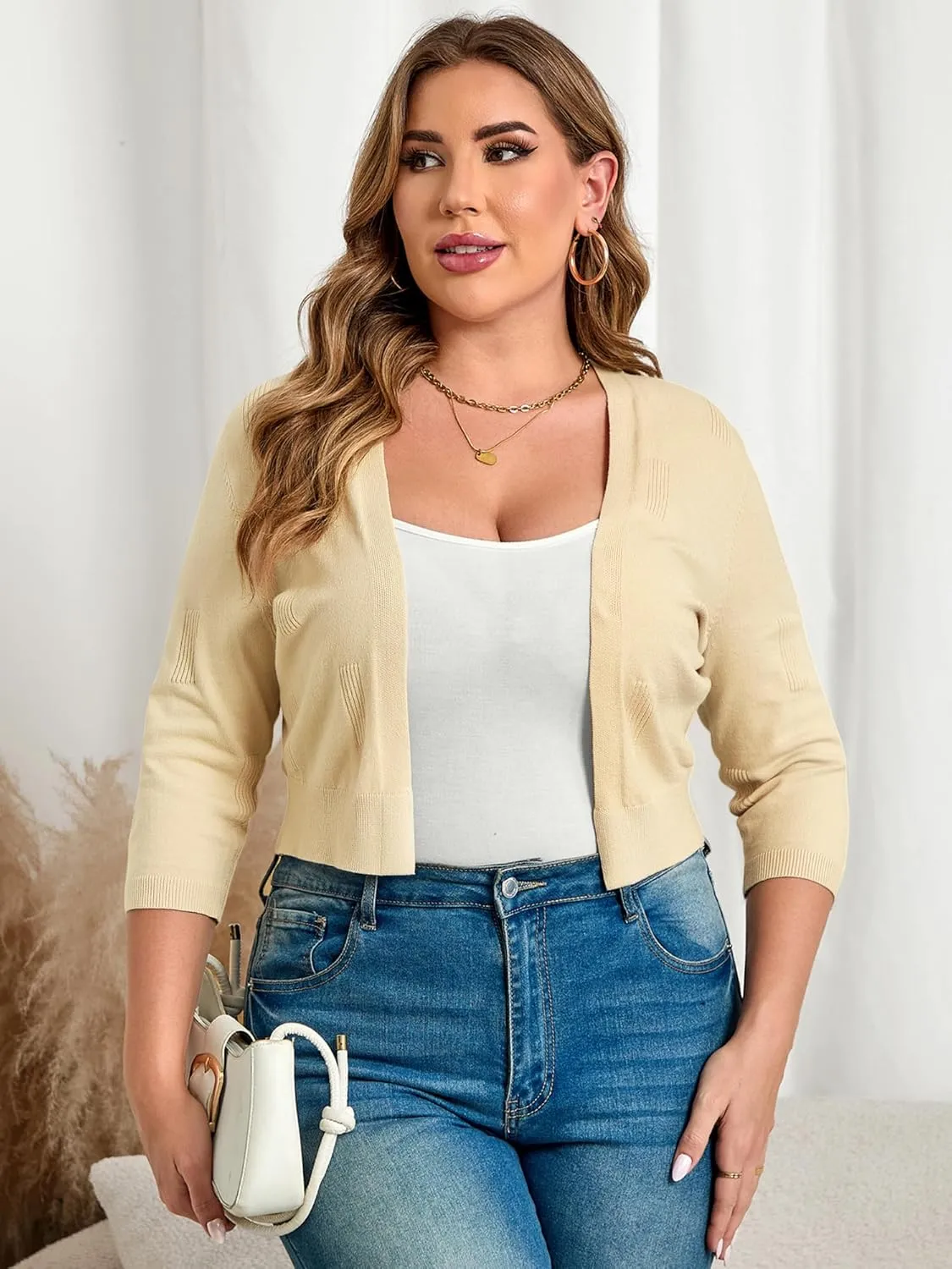 TAKEYAL Womens Plus Size Shrug 3/4 Sleeve Lightweight Open Front Knit Cropped Cardigan Sweater XL-5XL