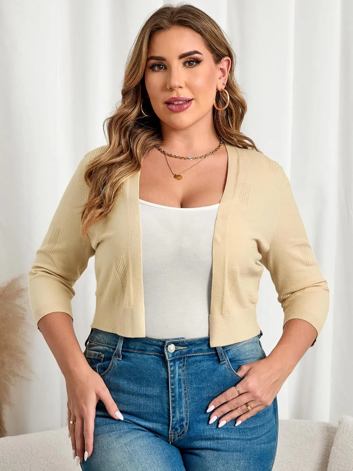 TAKEYAL Womens Plus Size Shrug 3/4 Sleeve Lightweight Open Front Knit Cropped Cardigan Sweater XL-5XL