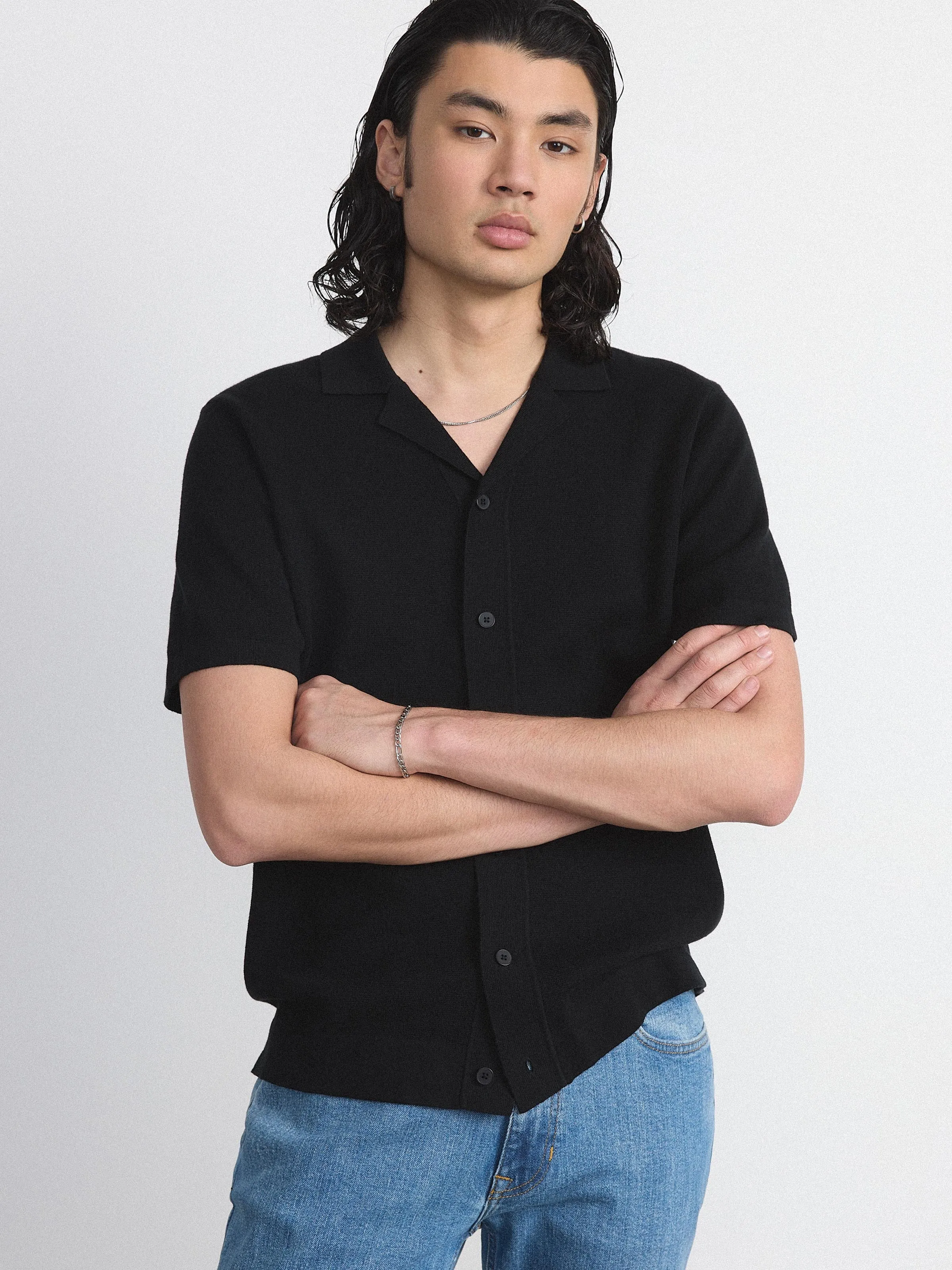 The Knit Camp Collar Shirt in Black