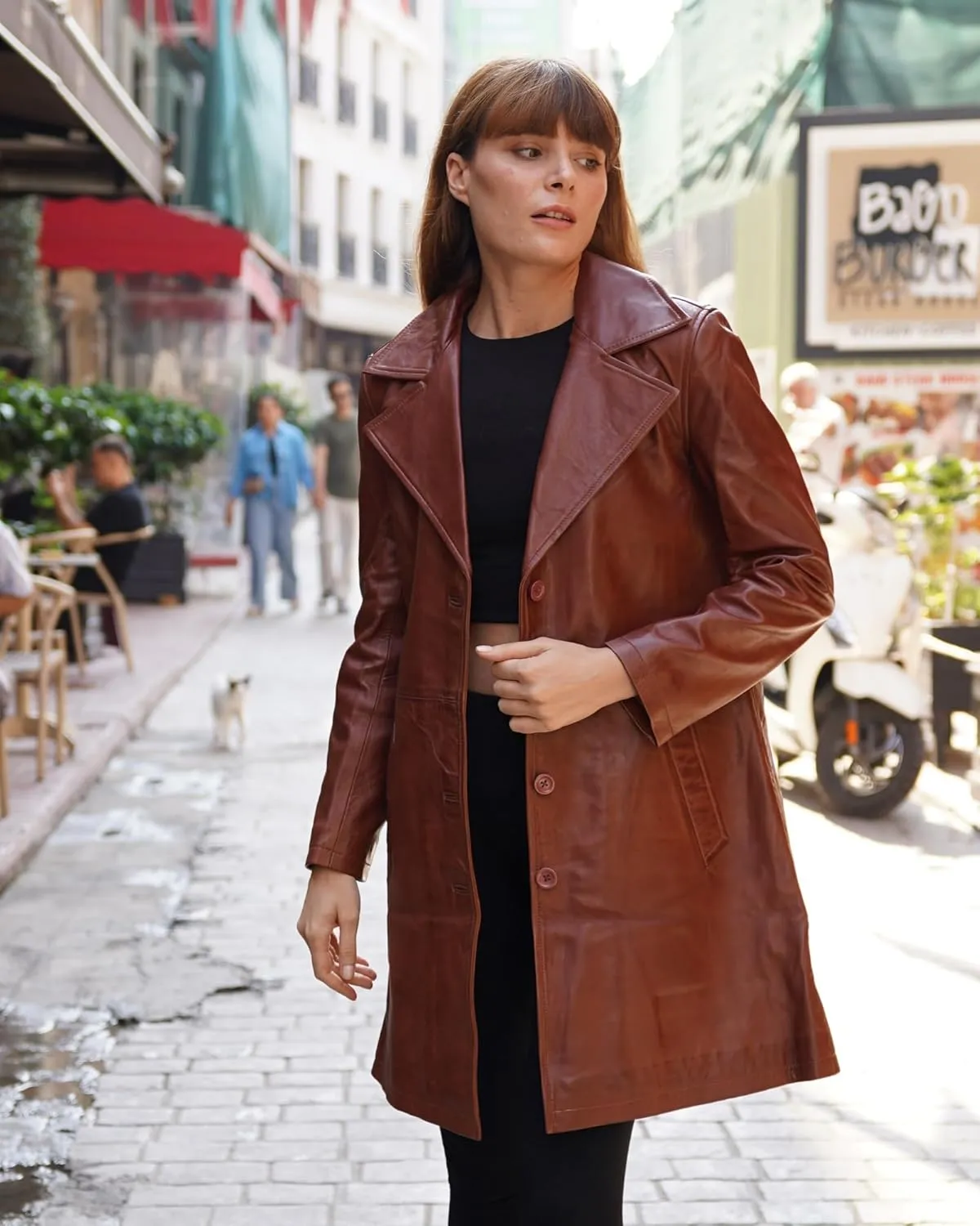 TLC Genuine Long Leather Jacket Women, Stylish and Soft Real Lambskin Leather Trench Coat with Button Design