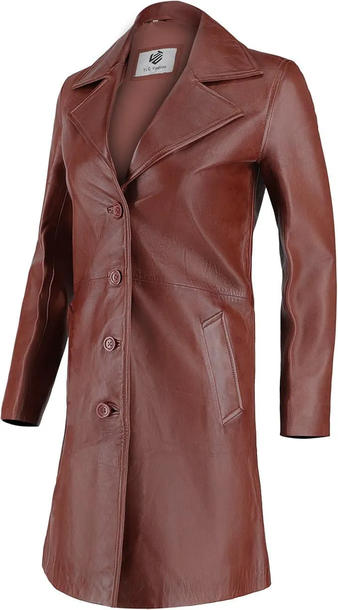 TLC Genuine Long Leather Jacket Women, Stylish and Soft Real Lambskin Leather Trench Coat with Button Design