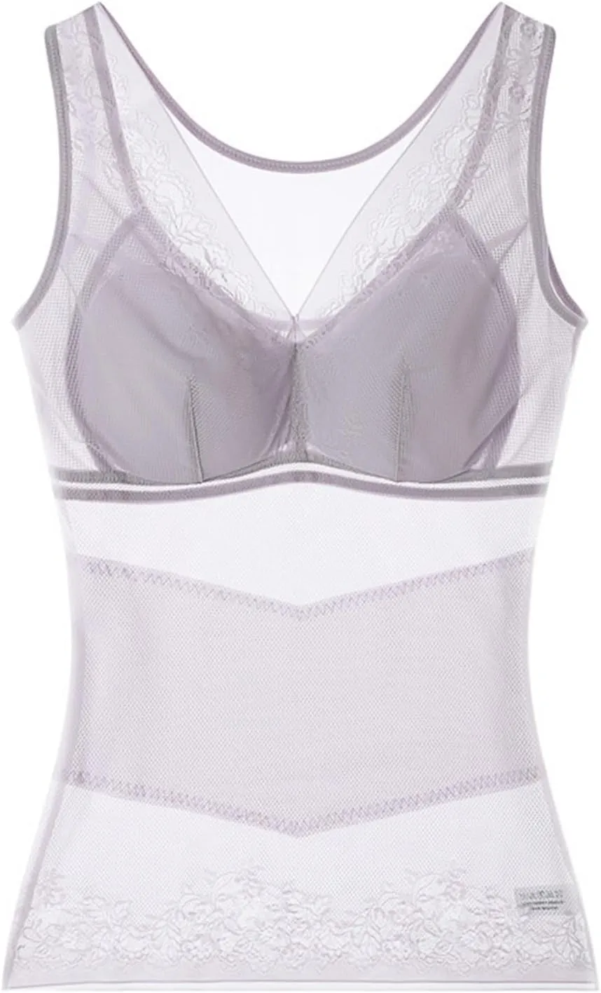 UPGENT Summer Camisole Tops for Women 2025 Sexy Mesh Sheer Tank Undershirts Shapewear Vest Lingerie with Chest Pad Bra