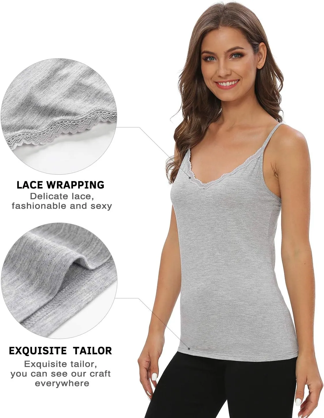 Vislivin Plain Camisole for Women Lace Tank Tops V Neck Adjustable Cami Sexy Undershirts 4 Pack