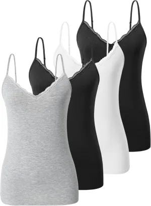 Vislivin Plain Camisole for Women Lace Tank Tops V Neck Adjustable Cami Sexy Undershirts 4 Pack