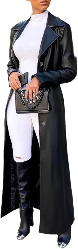 watersouprty Women's Long PU leather Slim Cardigan Vintage Outerwear Maxi Long Sleeve Blazers Coat