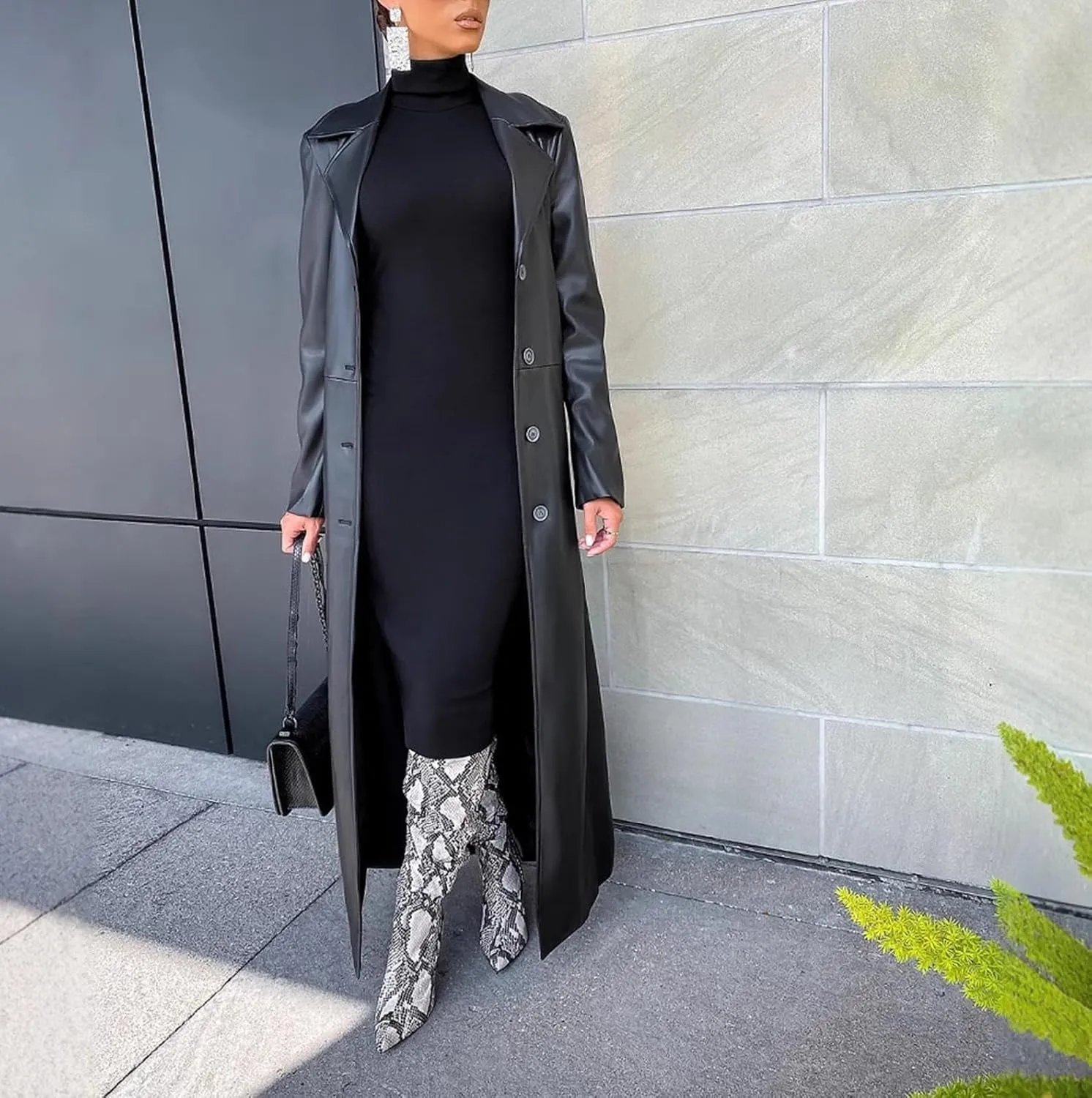 watersouprty Women's Long PU leather Slim Cardigan Vintage Outerwear Maxi Long Sleeve Blazers Coat