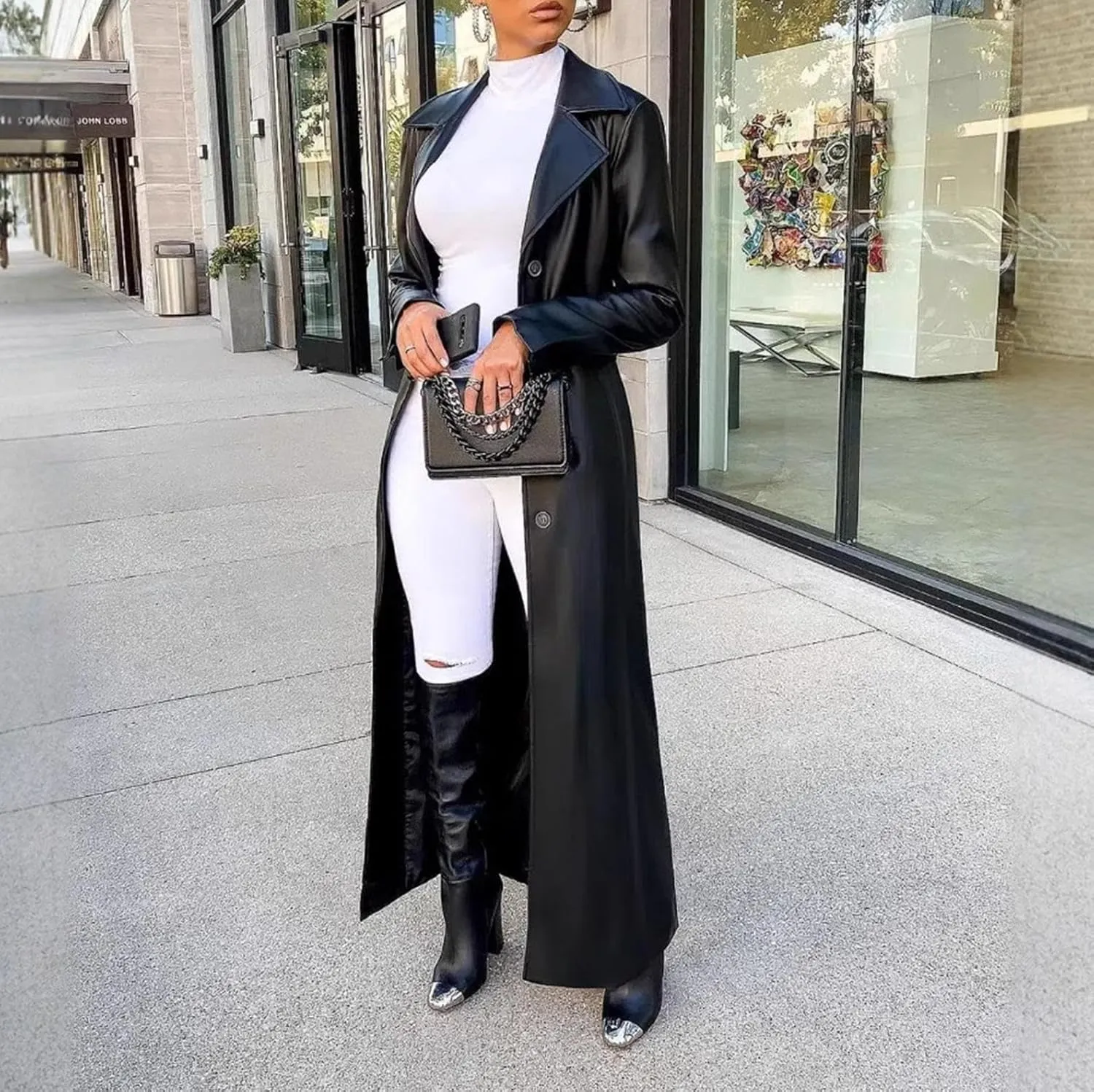 watersouprty Women's Long PU leather Slim Cardigan Vintage Outerwear Maxi Long Sleeve Blazers Coat