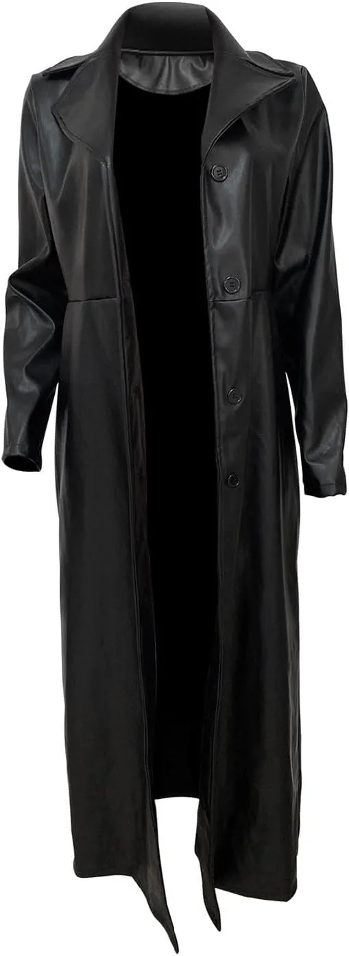 watersouprty Women's Long PU leather Slim Cardigan Vintage Outerwear Maxi Long Sleeve Blazers Coat