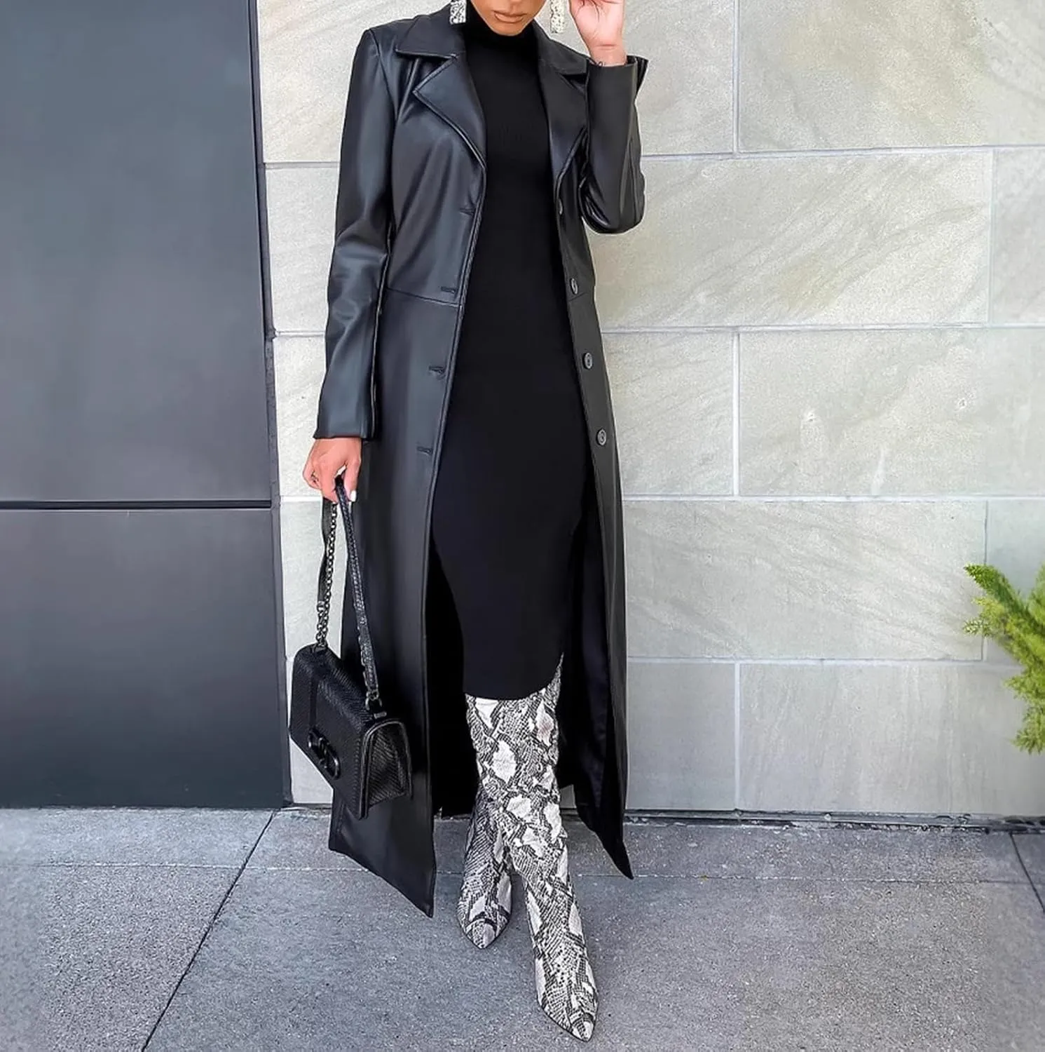 watersouprty Women's Long PU leather Slim Cardigan Vintage Outerwear Maxi Long Sleeve Blazers Coat