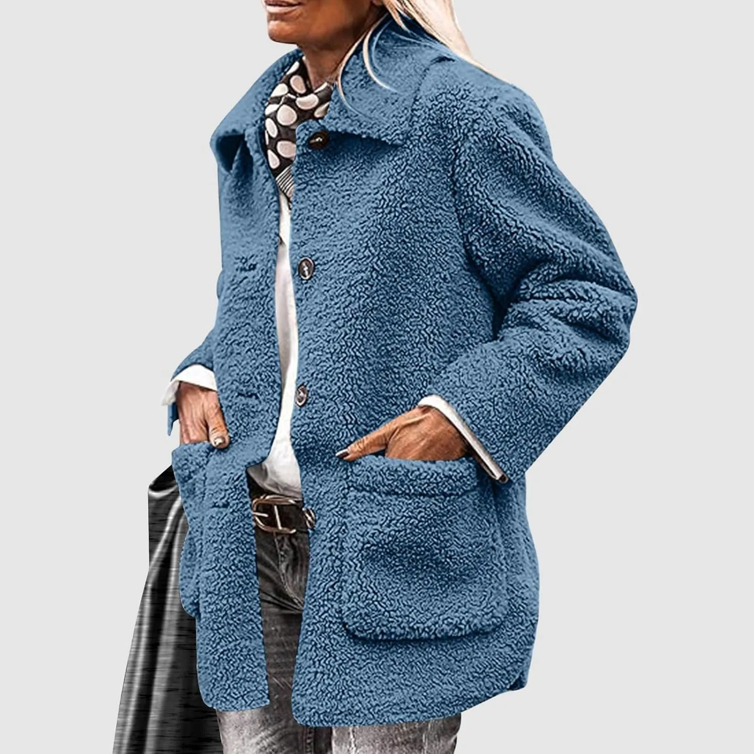 Winter Coats For Women Lapel Fuzzy Faux Fur Coat Long Sleeve Button Down Sherpa Jacket Fleece Warm Outerwear w/Pocket