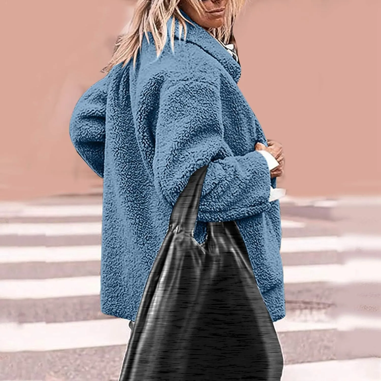 Winter Coats For Women Lapel Fuzzy Faux Fur Coat Long Sleeve Button Down Sherpa Jacket Fleece Warm Outerwear w/Pocket