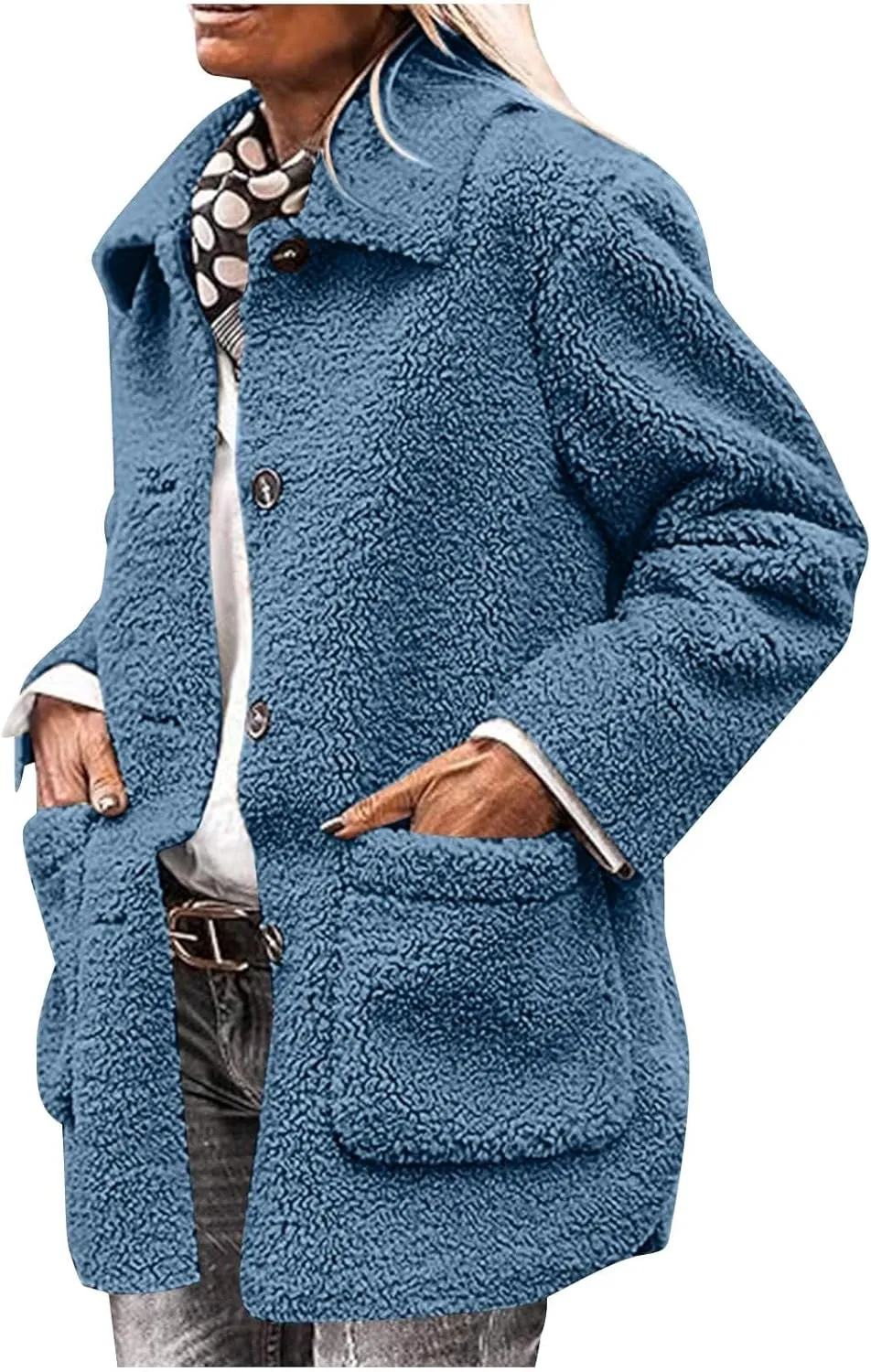 Winter Coats For Women Lapel Fuzzy Faux Fur Coat Long Sleeve Button Down Sherpa Jacket Fleece Warm Outerwear w/Pocket