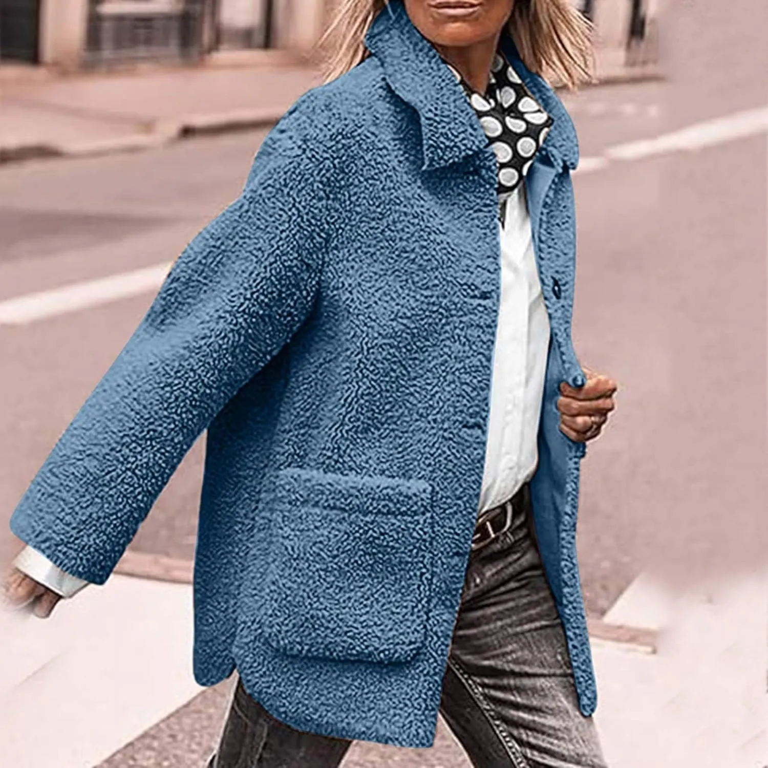 Winter Coats For Women Lapel Fuzzy Faux Fur Coat Long Sleeve Button Down Sherpa Jacket Fleece Warm Outerwear w/Pocket