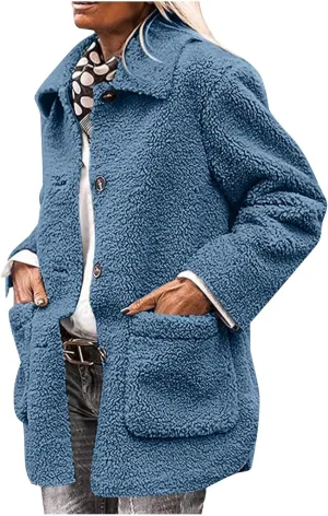 Winter Coats For Women Lapel Fuzzy Faux Fur Coat Long Sleeve Button Down Sherpa Jacket Fleece Warm Outerwear w/Pocket