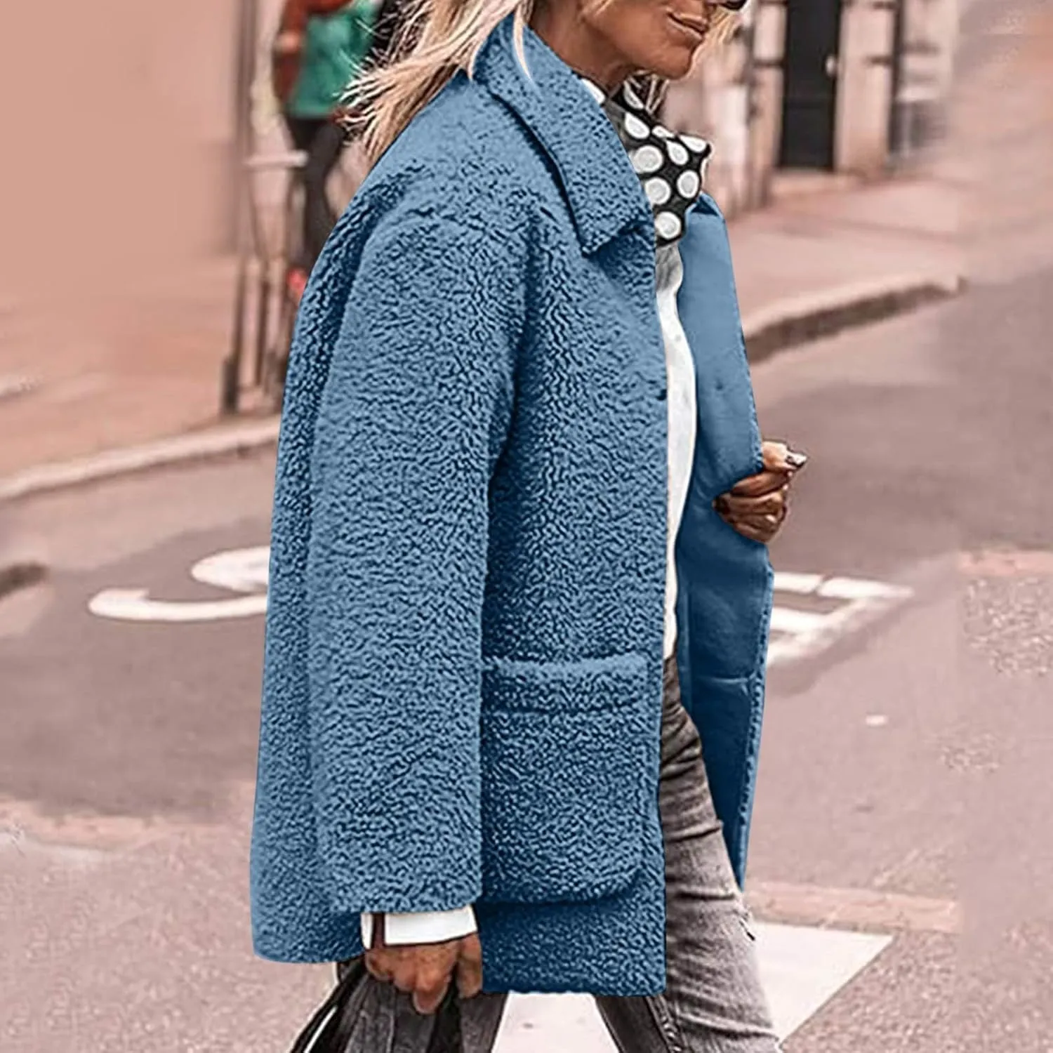 Winter Coats For Women Lapel Fuzzy Faux Fur Coat Long Sleeve Button Down Sherpa Jacket Fleece Warm Outerwear w/Pocket