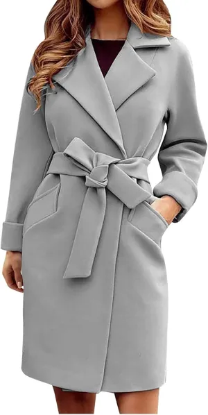 Women 2024 Fall Winter Pea Coats Notched Lapel Slim Fit Mid-Long Overcoats Long Sleeve Elegant Belted Trench Coat