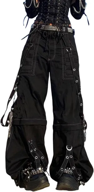 Women Cargo Pants Gothic Striped Low Waist Wide Leg Baggy Jeans Y2k Hip Hop Denim Pants Emo Grunge Streetwear Jeans