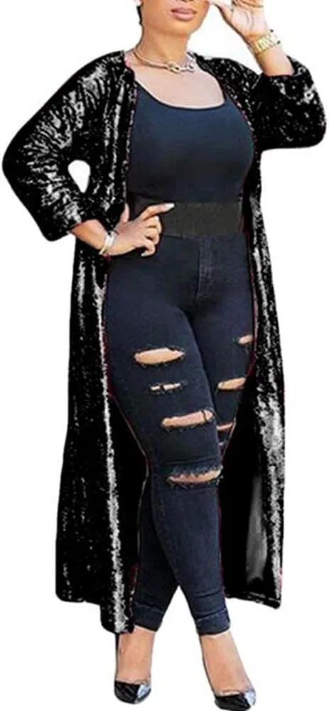 Women Sequin Cardigans Long Sequin Blazer Jackets for Evening