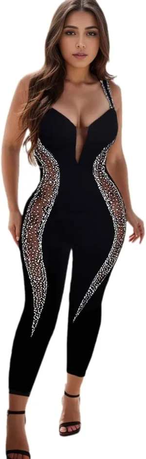 Women Sexy Sparkly Rhinestone Bodycon Jumpsuit Mesh See Through Party Club Bodysuits