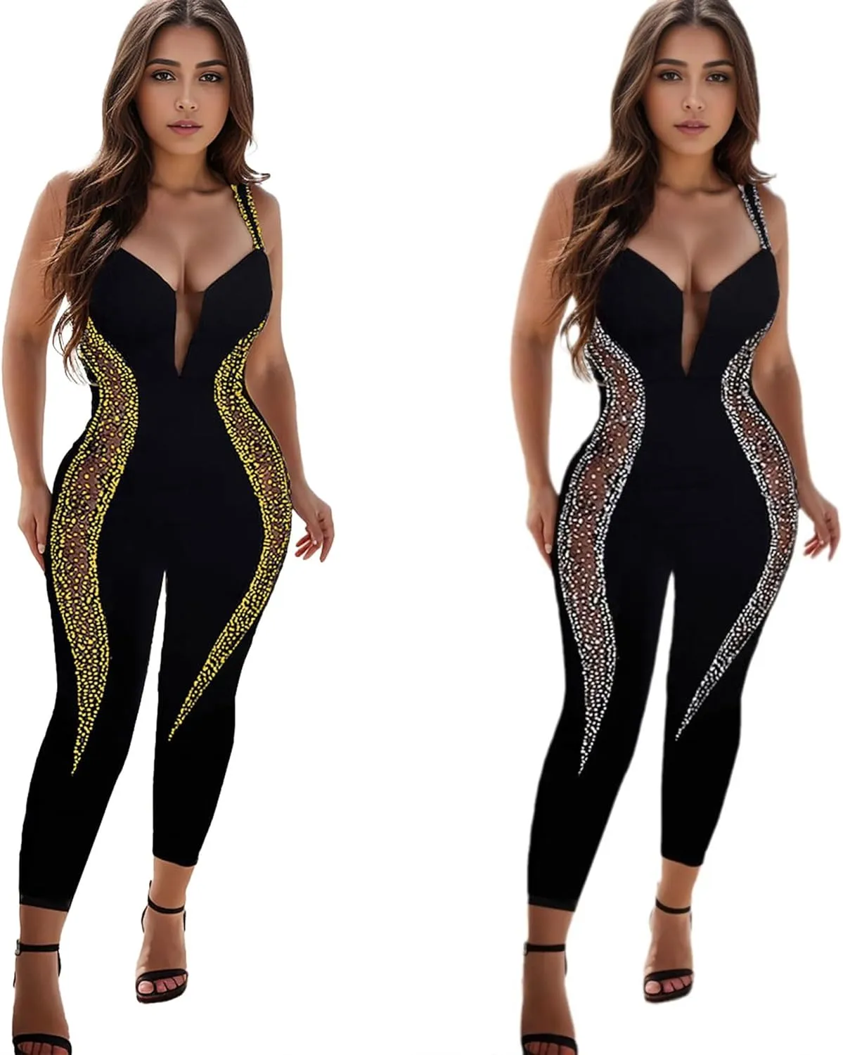 Women Sexy Sparkly Rhinestone Bodycon Jumpsuit Mesh See Through Party Club Bodysuits