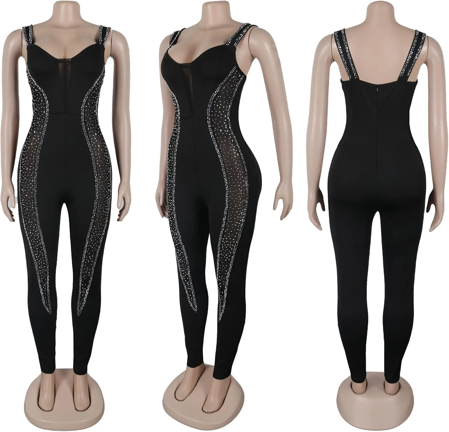 Women Sexy Sparkly Rhinestone Bodycon Jumpsuit Mesh See Through Party Club Bodysuits