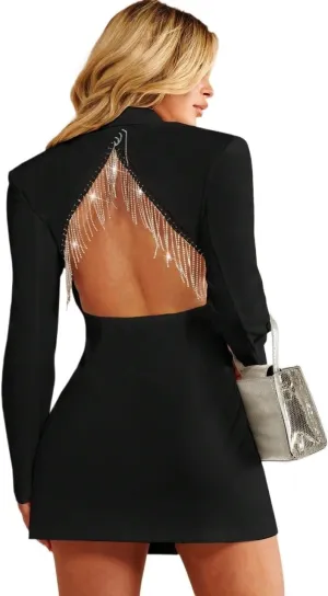 womens blazers dressy casual Open Back Rhinestone Fringe Trim Blazer Dress