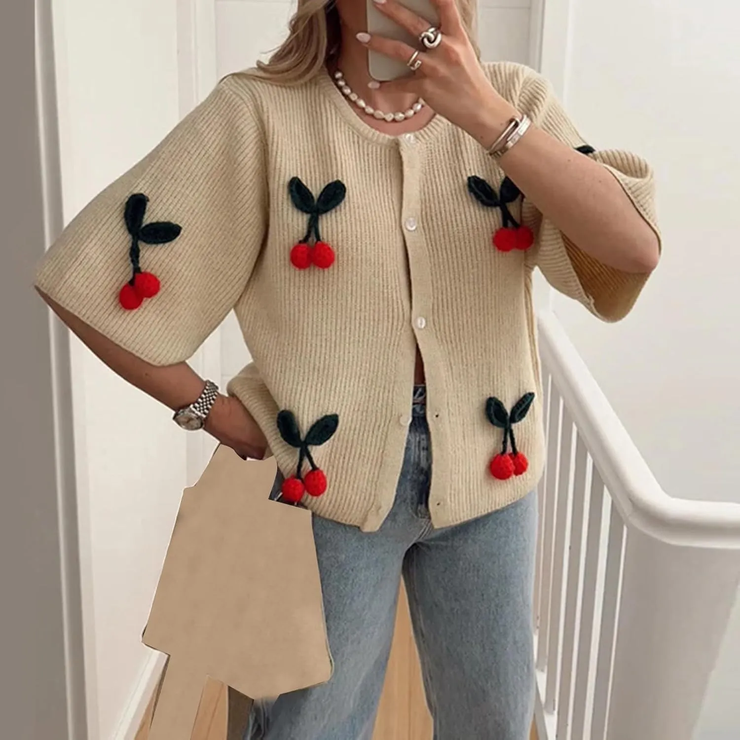 Women's Button Down Cropped Cardigan Cute 3D Cherry Short Sleeve Open Front Knit Top Casual Cable Sweater Coat Y2K