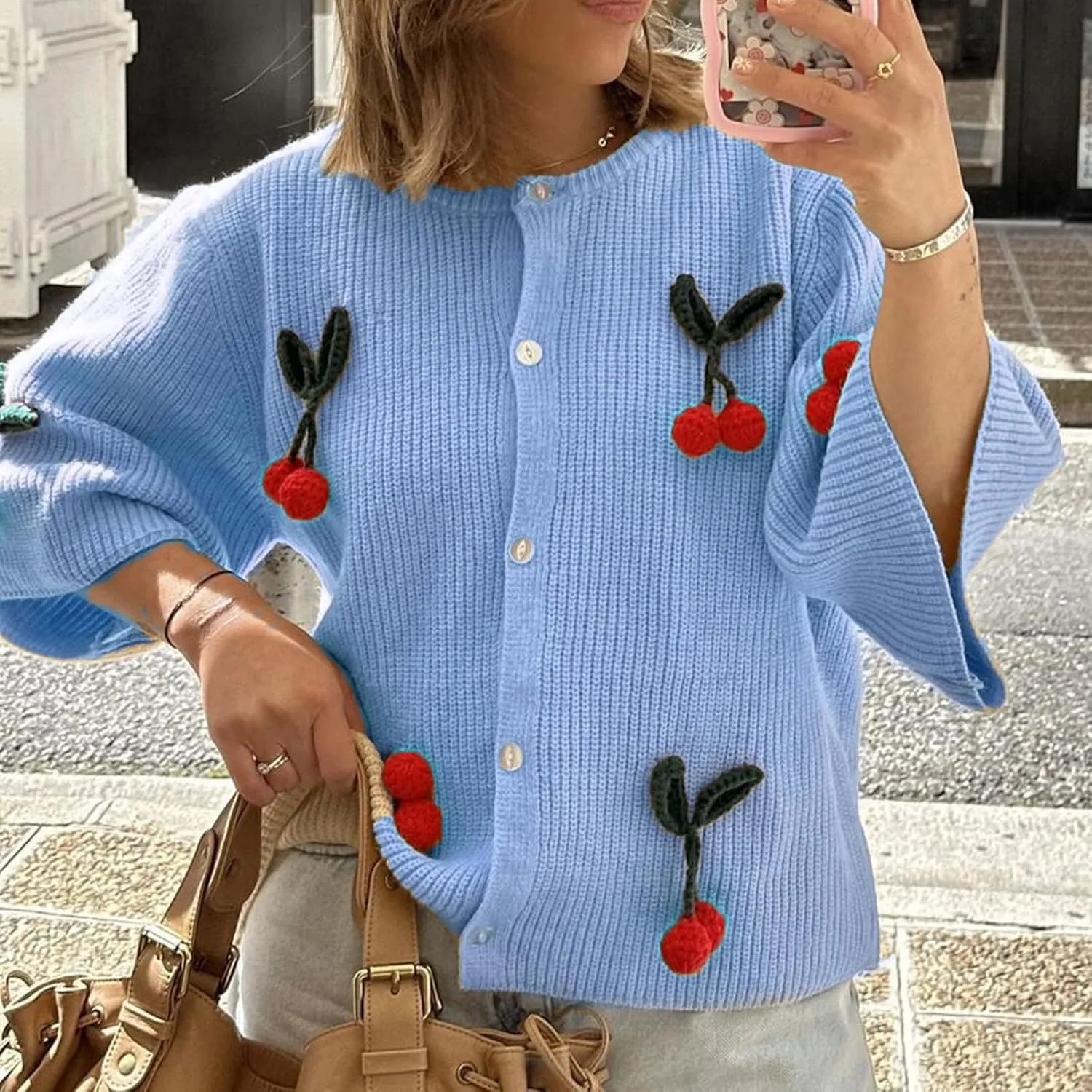 Women's Button Down Cropped Cardigan Cute 3D Cherry Short Sleeve Open Front Knit Top Casual Cable Sweater Coat Y2K