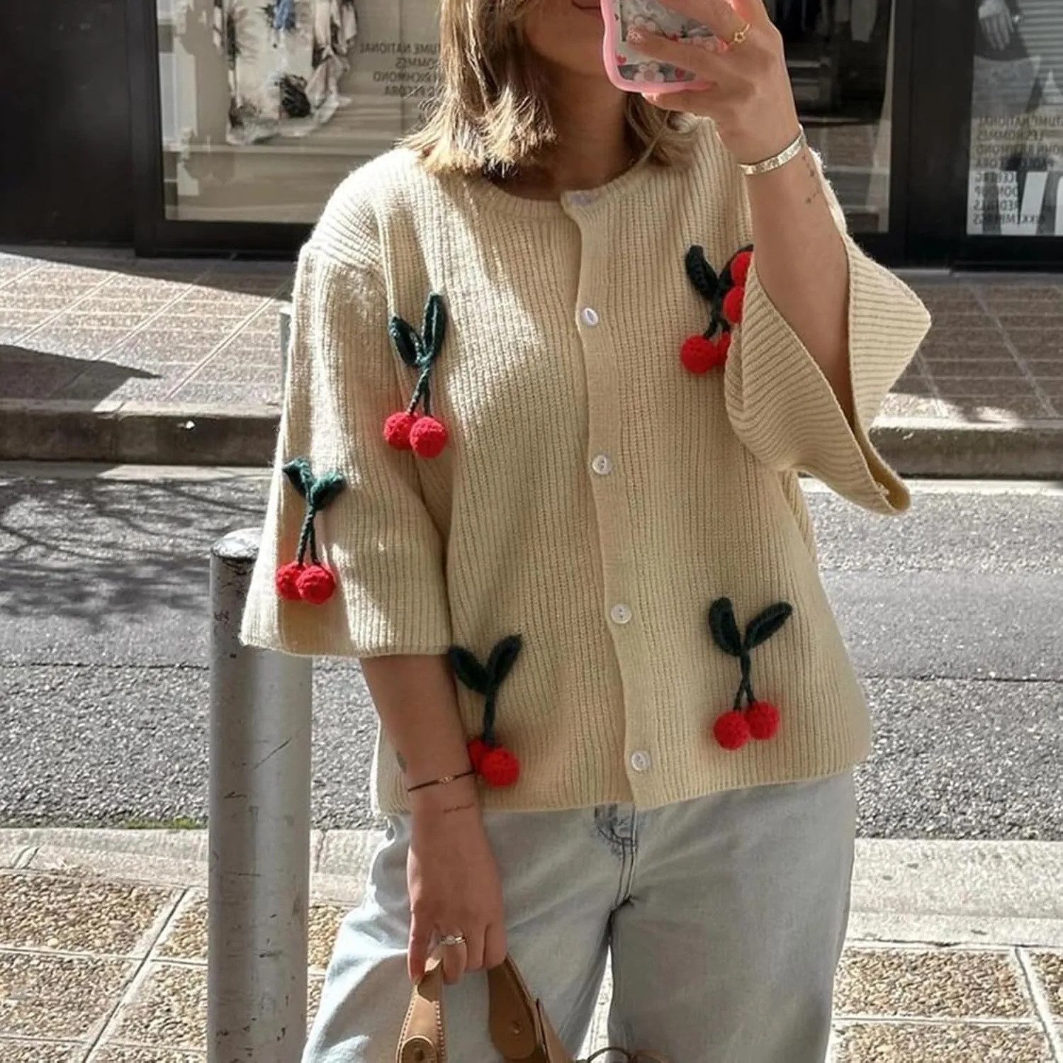 Women's Button Down Cropped Cardigan Cute 3D Cherry Short Sleeve Open Front Knit Top Casual Cable Sweater Coat Y2K