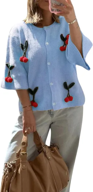 Women's Button Down Cropped Cardigan Cute 3D Cherry Short Sleeve Open Front Knit Top Casual Cable Sweater Coat Y2K